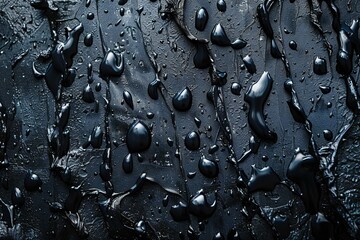 Abstract background of black oil paint with drops of water on it