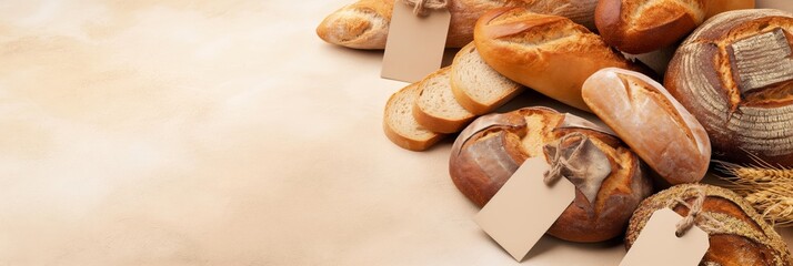 Various types of baked bread displayed with blank price tags on a textured table, evoking feelings of warmth and abundance - obrazy, fototapety, plakaty
