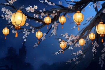 Chinese lanterns and cherry blossoms on blue sky background,  Chinese lunar new year - obrazy, fototapety, plakaty