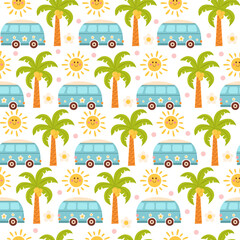 Seamless summer pattern with car or bus, palm tree and sun. Vector background