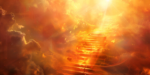 Stairway to heaven last journey to afterlife Staircase leading to heaven glowing holy cross at the top stairway leading to a sky with clouds
