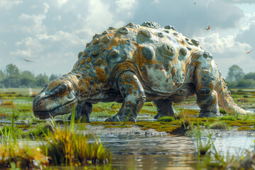 A curious Ankylosaurus, with its heavily armored body and clubbed tail, foraging for vegetation in prehistoric marshlands. Concept of armored herbivore. Generative Ai.