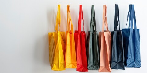 Colorful Reusable Shopping Bags Hanging Against White Background