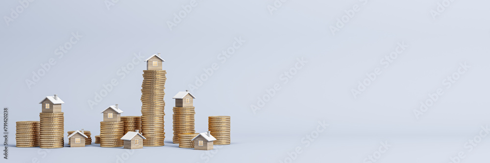 Poster stacked golden coins with small houses on wide light background with mock up place for advertisement