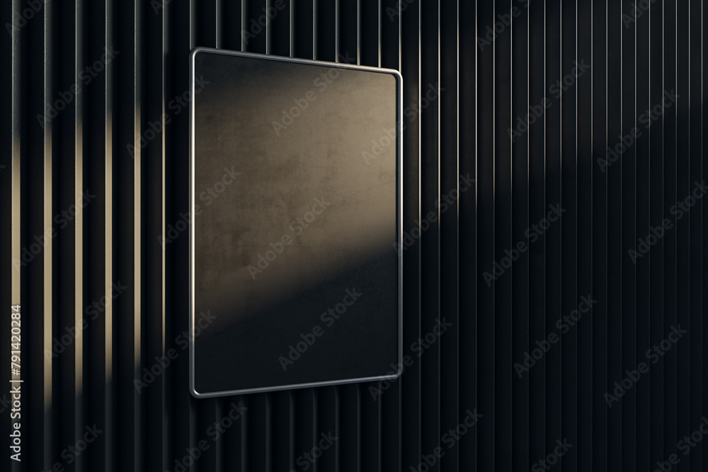 Poster Empty dark metal linear wall with clean black mock up poster. Gallery concept. 3D Rendering.