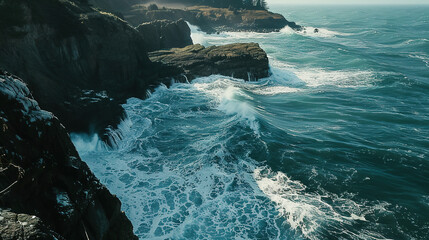 deep teal frothing waves aggressively hitting rocky cliffs