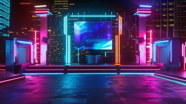 Blank mockup of a futuristic and scifi themed outdoor stage with holographic projections and laser lights for a hightech New Years Eve party. .