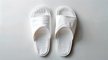 A pair of white slippers on a light background, top view. Simple and clean design. Ideal for spa or hotel usage. AI