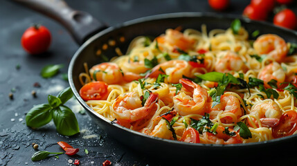 Italian pasta with greens and shrimps in a pan in a frozen flight on a black background, Sea food,...