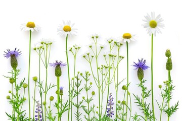 A vibrant collection of various meadow flowers, presenting unique shapes and colors, meticulously arranged on a stark white background to highlight their natural beauty.