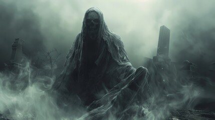 A dark figure with a skull for a head is sitting on a gravestone in a foggy cemetery. - obrazy, fototapety, plakaty