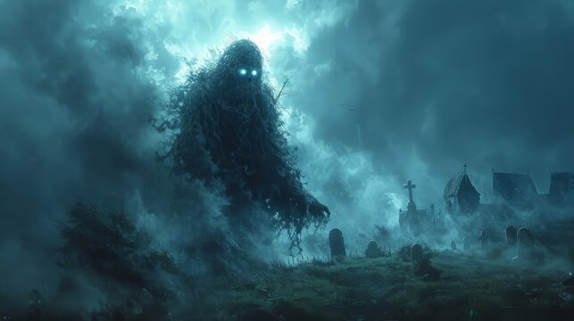 A dark figure looming over a graveyard.