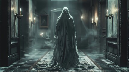 A ghost with a white sheet is standing in a dark hallway.
