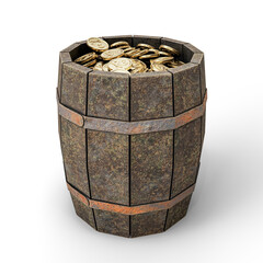 Wooden Cask Barrel with Golden Coins. 3D Illustration. File with Clipping Path.