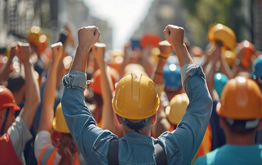 Macro shot of a group of workers from various backgrounds, each wearing a safety helmet, raising their helmets in unison at a World Day for Safety and Health rally, with a crowd blurred background