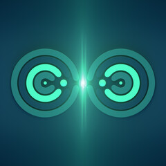Green balls on glowing rings on a blue background. Symmetrical 3d rendering illustration
