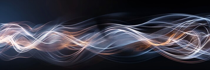 This abstract image captures the dynamic flow of glowing light waves, suggesting motion and energy on a dark backdrop - obrazy, fototapety, plakaty