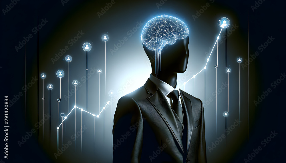 Poster a professional person in a business suit pointing upwards with a glowing fingertip towards a digital