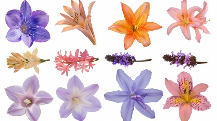 Obraz premium A Vibrant Collection Of Various Colorful Meadow Flowers Arranged on a White Background. Presenting unique shapes and colors, meticulously arranged to highlight their natural beauty.