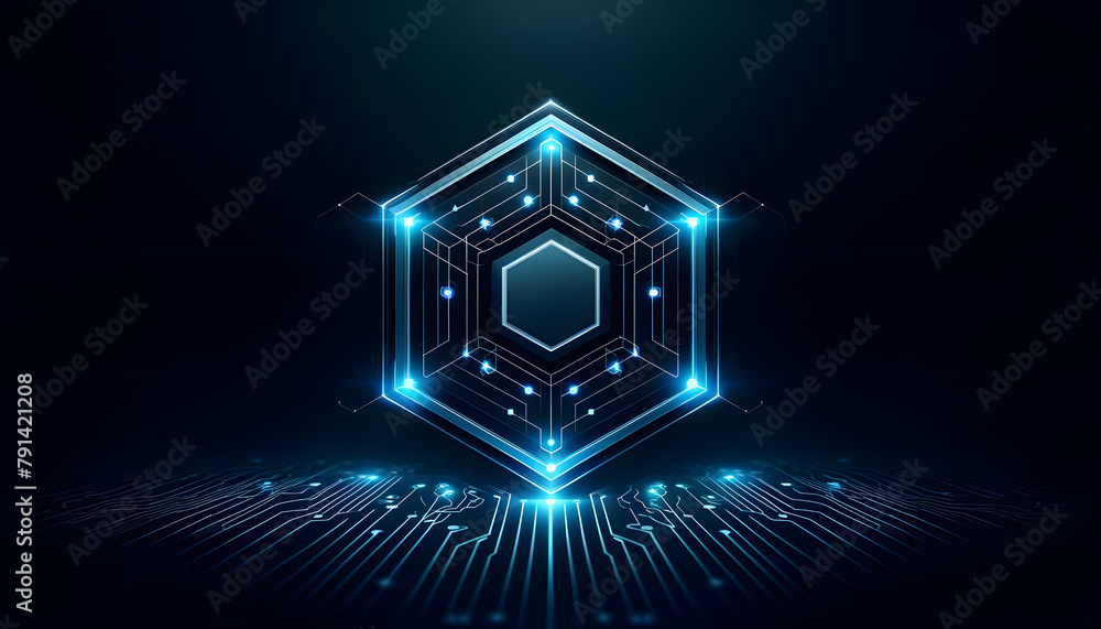 Poster a futuristic hexagonal shape with bright neon blue lights on a dark background, surrounded by a netw