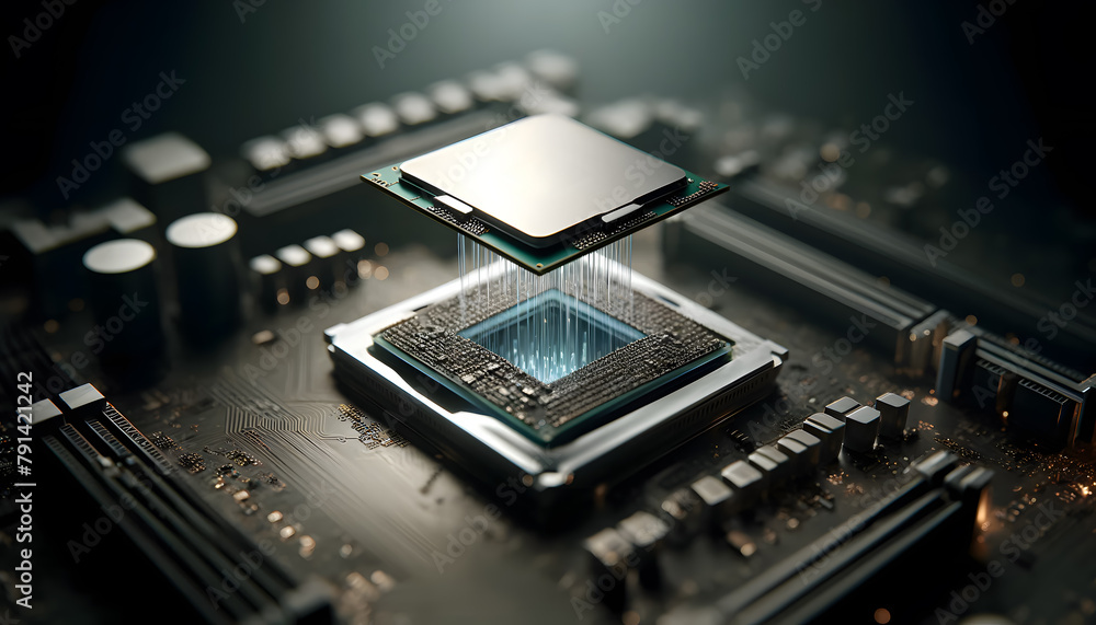 Aufkleber a cpu floating down from above, perfectly aligning to connect with a motherboard, neon-style electri