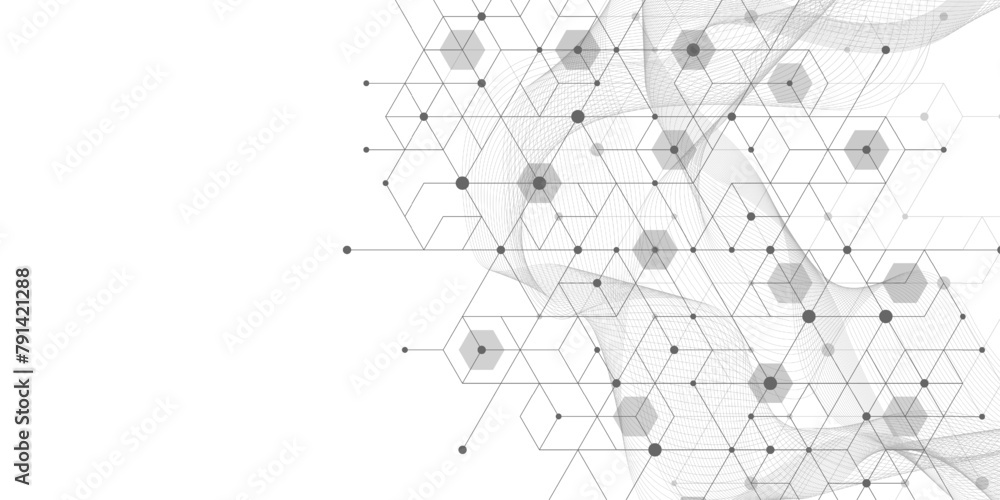 Fototapete Technology abstract lines and dots connect background with hexagons. Hexagons connection digital data and big data concept. Hex digital data visualization. Vector illustration