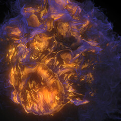 3d rendering digital illustration of a raging orange fire with purple puffs of smoke