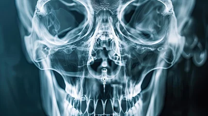 Fotobehang An X-ray image providing insight into the internal anatomy of the human skull, highlighting the intricate network of bones that protect the brain and support the facial structure. © Khalif