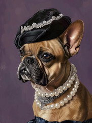dog dressed as diamonds with a pearl necklace, wearing a black hat and with her hair up in an elegant bun
