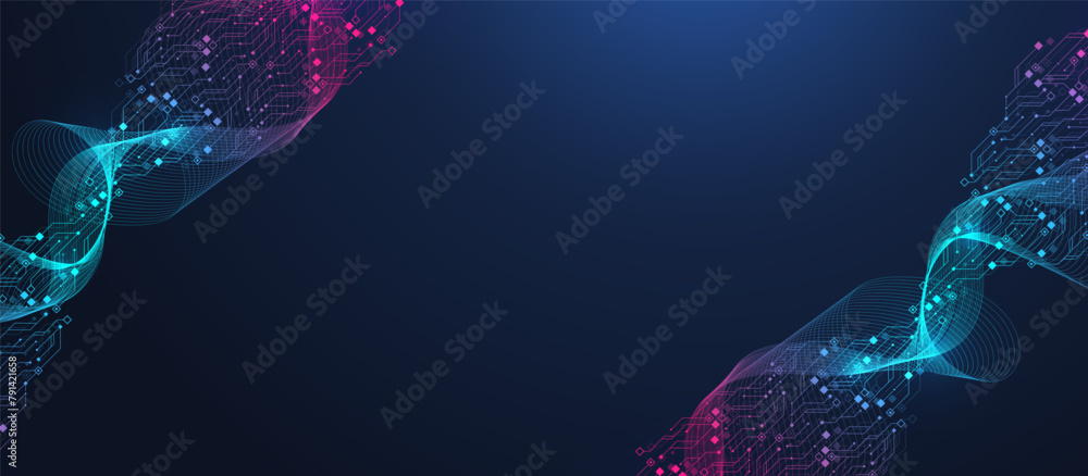 Leinwandbilder Quantum computer technologies concept. Futuristic blue circuit board background vector. Modern technology circuit board texture background design. Waves flow. Quantum explosion technology.