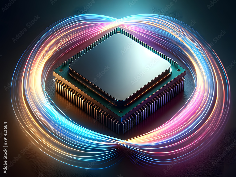 Poster a cpu connect with a motherboard, the neon-style electrical lines with motion blur effect, rendered 