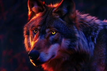 Wolf in the dark forest at sunset,  Portrait of a wolf