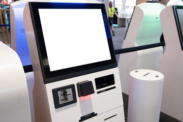 A blank white mockup background texture of a self-help kiosk machine with a digital interactive touch screen. An empty monitor template of an electronic device for customers to buy ticket.