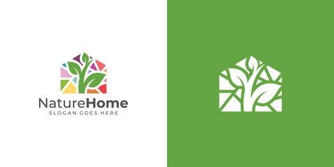 Creative Nature Home Logo. Nature House Tree Leaf, Plant, Tree Linear Outline Style. Home Mosaic and Plant Icon Symbol Vector Design Inspiration.	
