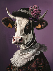 cow dressed as diamonds with a pearl necklace, wearing a black hat and with her hair up in an elegant bun