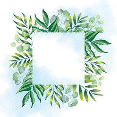 Green leaves and branches of eucalyptus on watercolor blue spots. Square frame of foliage. Hand...