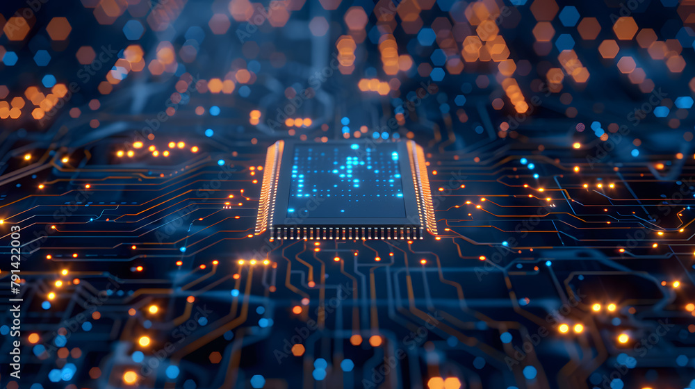 Poster a cpu connect with a motherboard, the neon-style electrical lines with motion blur effect, rendered 