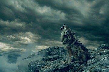 Wolf on the top of a mountain,  Dramatic sky with clouds