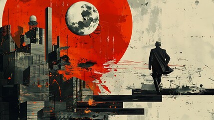 A man is walking down a staircase in front of a red moon