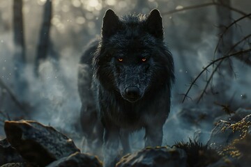 Black wolf in the forest with smoke,  Wildlife scene from nature
