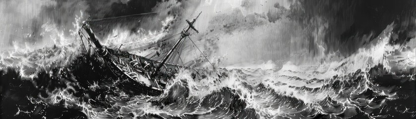 A pencil drawing of a large ship being tossed around in a stormy sea. - obrazy, fototapety, plakaty