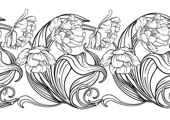 Terri Tulip flowers, decorative flowers and leaves in art nouveau style, vintage, old, retro style. Seamless pattern, background. Vector illustration. - 791422266