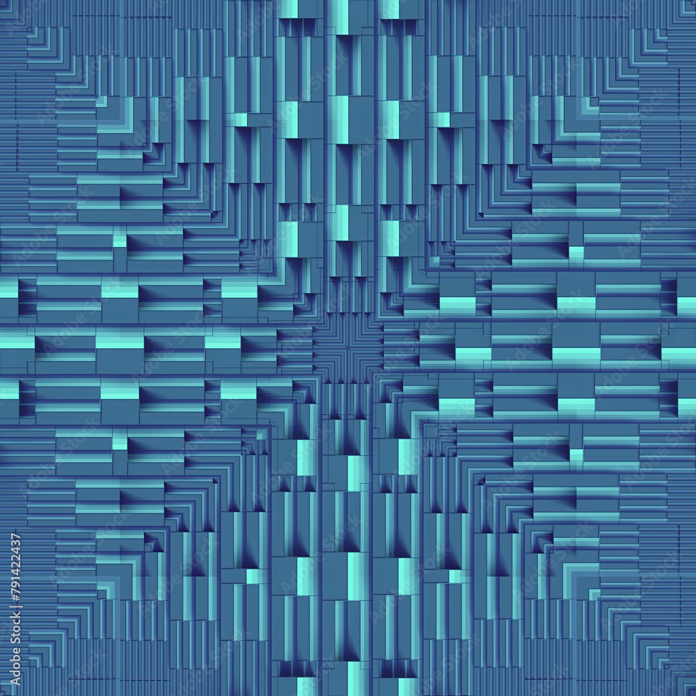 Poster 3d rendering digital illustration of complex geometric symmetric pattern in blue neon color