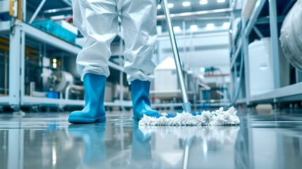 Industrial cleanliness with a human touch. Factory worker mopping the floor. Sterile environment maintenance. Professional janitorial services. AI - obrazy, fototapety, plakaty