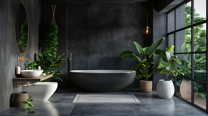 Fototapeta na wymiar Modern bathroom scene with a black wall window bathtub 