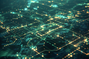 Obraz premium A digital landscape reminiscent of a map. Lines crisscross the terrain and delineating network boundaries 