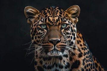 Leopard with green eyes on black background
