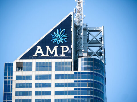 The logo of AMP on the highrise building in Melbourne. It is a financial services company in Australia and New Zealand providing superannuation banking and investment products, financial advice.