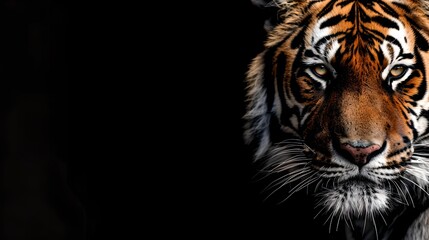 Majestic Tiger Portrait on a Black Background, Vivid Orange and Black Stripes, Wildlife Photography Style, Symbol of Power and Grace. AI - obrazy, fototapety, plakaty