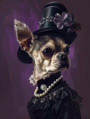 dog dressed as diamonds with a pearl necklace, wearing a black hat and with her hair up in an elegant bun